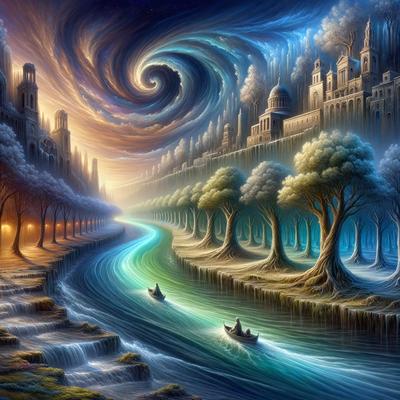 The primary subject of the image is a boat floating on a river, surrounded by a beautiful landscape. The setting includes a river flowing through a valley, with trees and buildings in the background. The visual style is a digital art or illustration, creating a vibrant and lively atmosphere. The colors and mood are predominantly green and blue, reflecting the natural beauty of the scene.